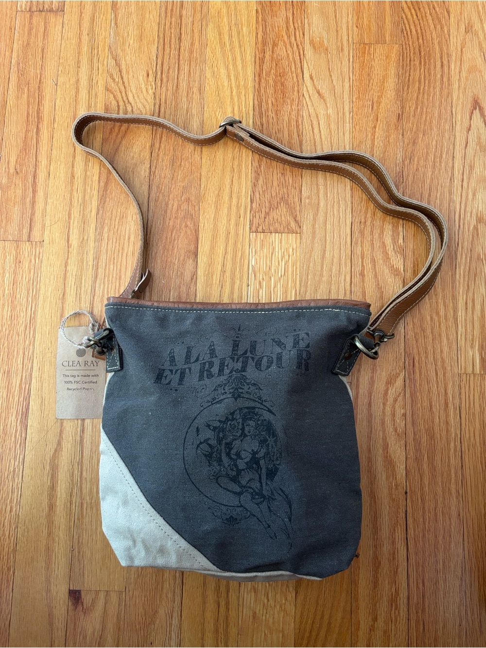 NWT Clea Ray Upcycled Military French Canvas Crossbody Brown/Tan  brown Accent